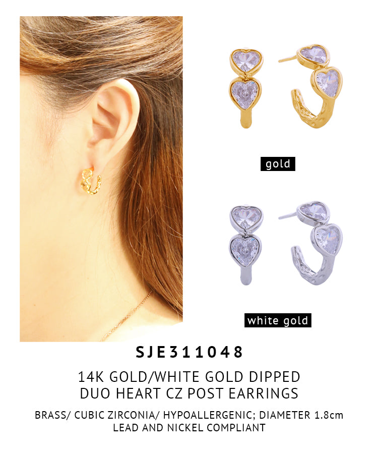 14K Gold Dipped Duo Heart CZ Post Earrings