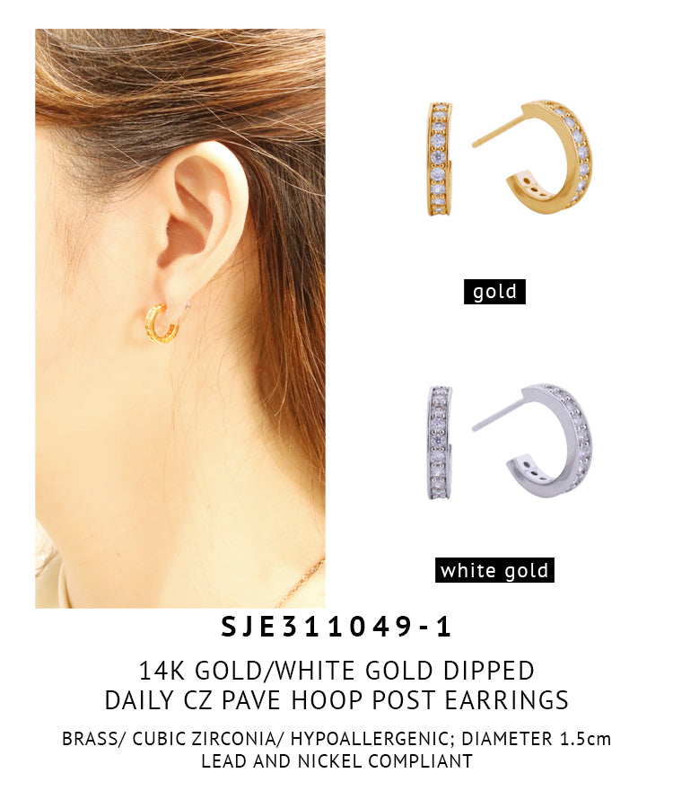 14K Gold Dipped Daily CZ Pave Hoop Post Earrings