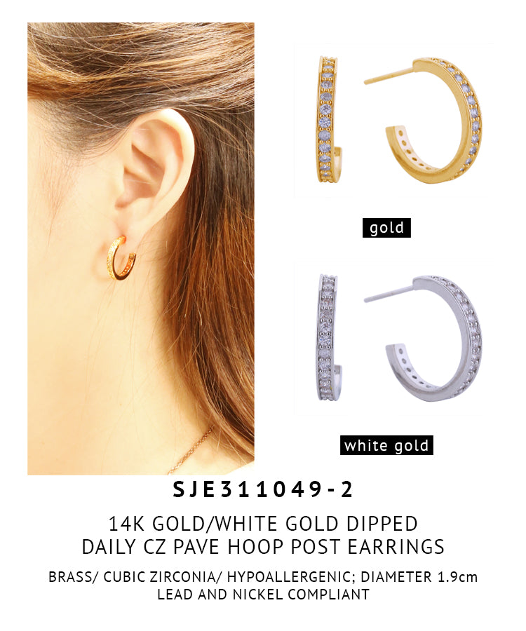 14K Gold Dipped Daily CZ Pave Hoop Post Earrings