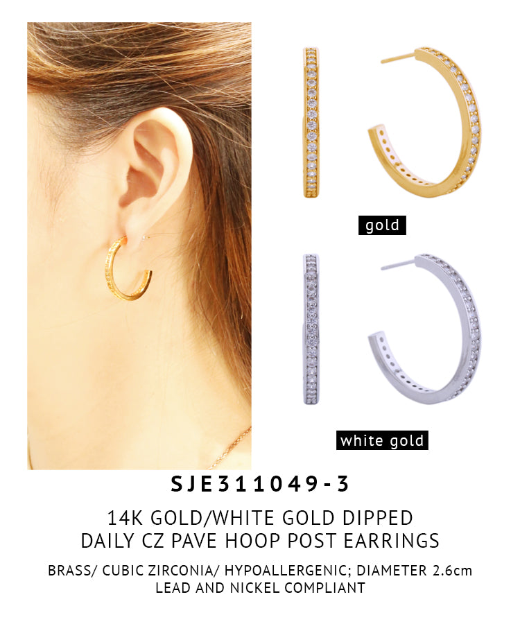 14K Gold Dipped Daily CZ Pave Hoop Post Earrings