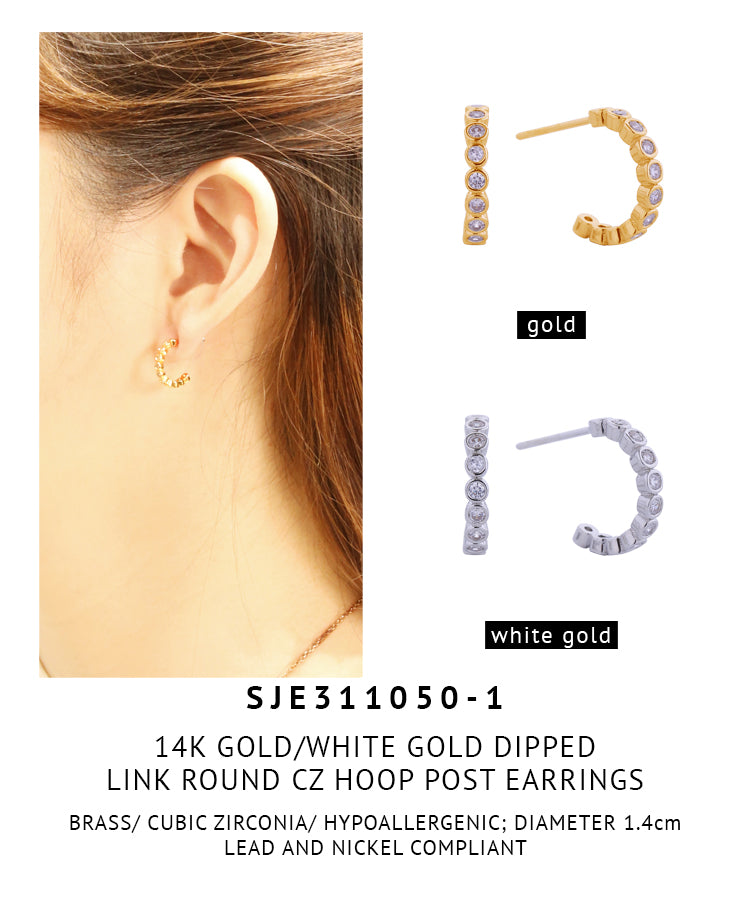 14K Gold Dipped Link Round CZ Hoop Post Earrings