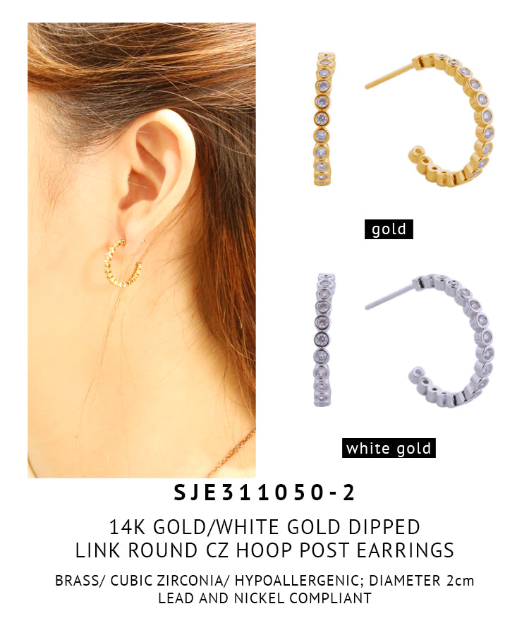 14K Gold Dipped Link Round CZ Hoop Post Earrings