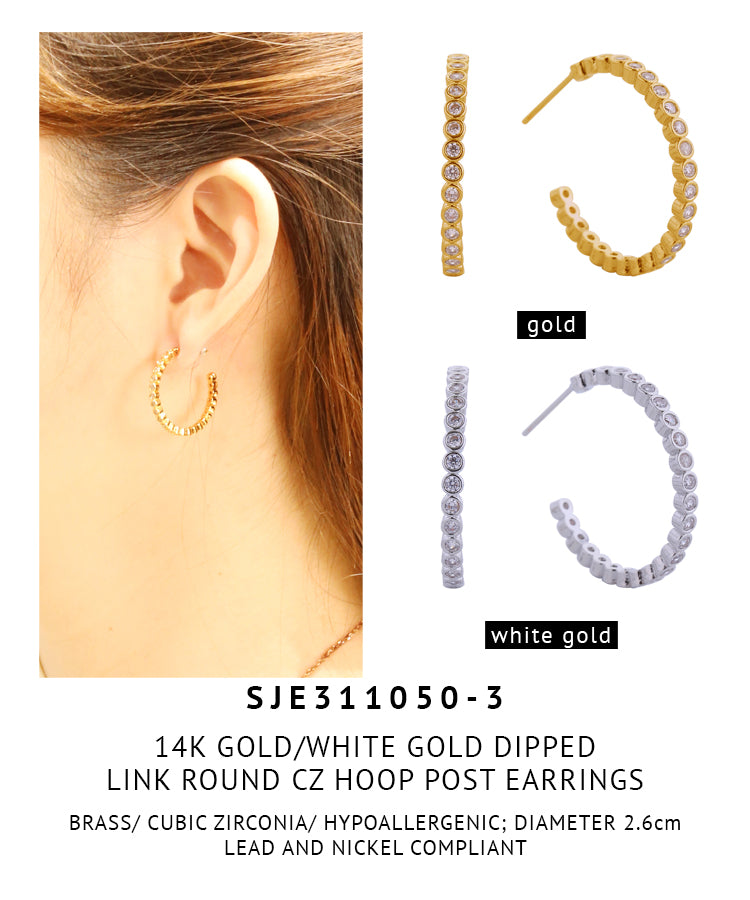 14K Gold Dipped Link Round CZ Hoop Post Earrings