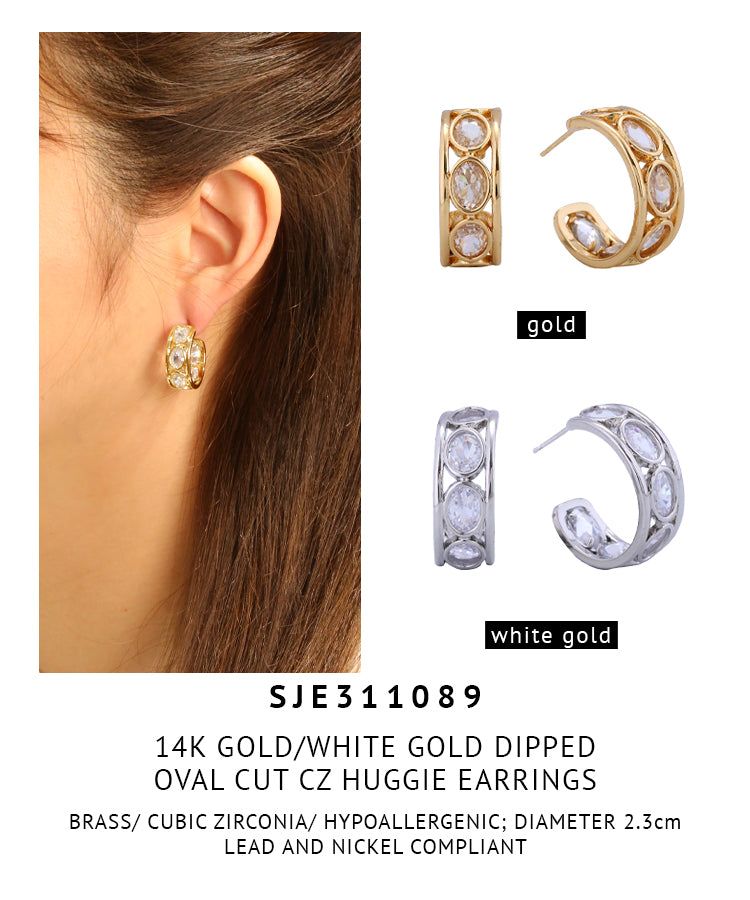 14K Gold Dipped Oval Cut Cz Huggie Earrings