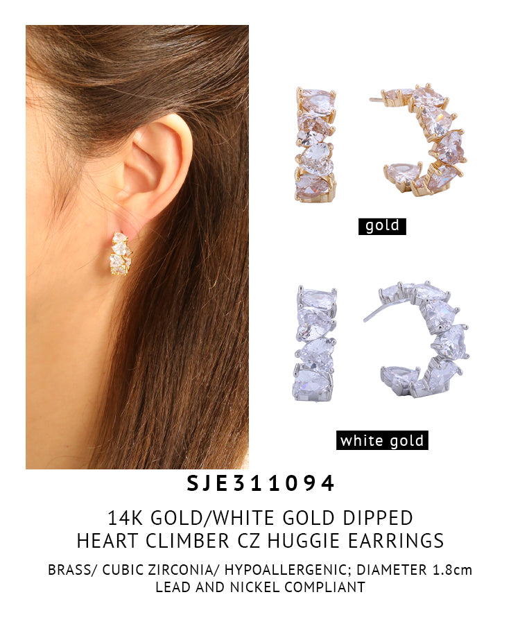 14K Gold Dipped Heart Climber CZ Huggie Earrings