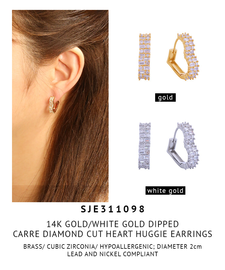 14K Gold Dipped Carre Diamond Cut Heart Huggie Earrings