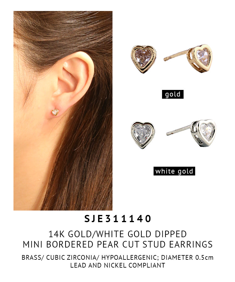 14K Gold Dipped Mini Bordered Pear Cut Stud Earrings