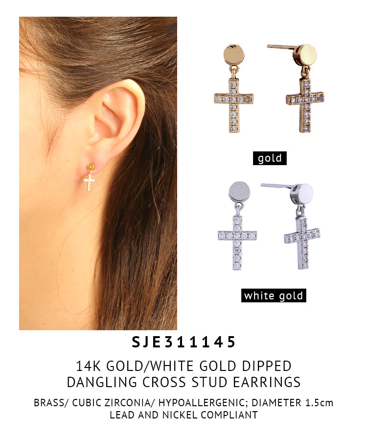 14K Gold Dipped Dangling Cross Stud Earrings