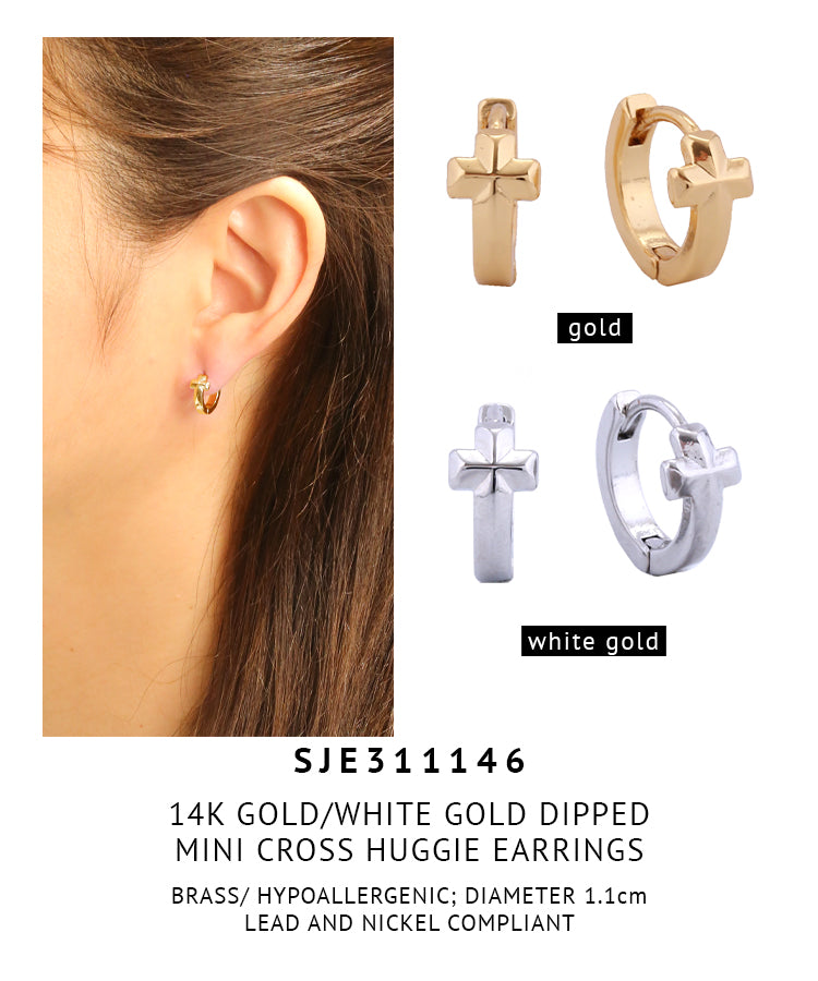 14K Gold Dipped Mini Cross Huugie Earrings