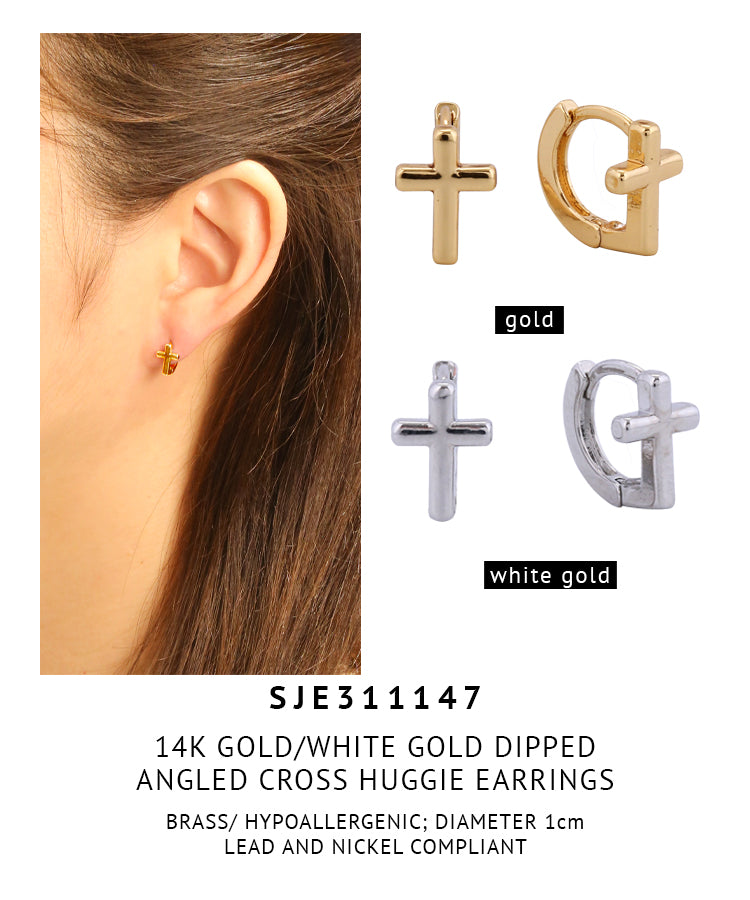 14K Gold Dipped Angled Cross Huugie Earrings