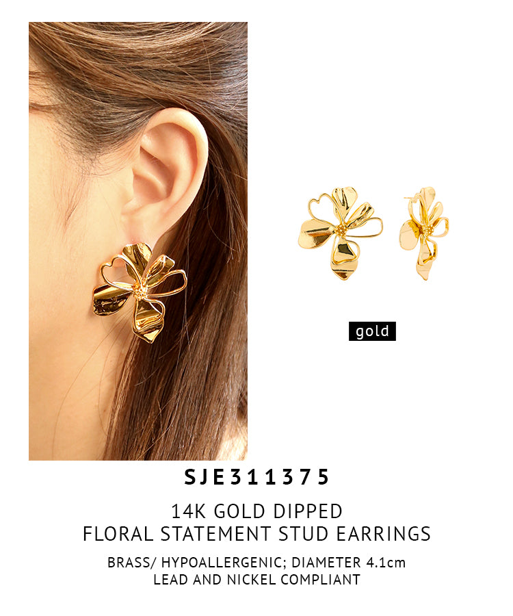 14K Gold Dipped Floral Statement Stud Earrings