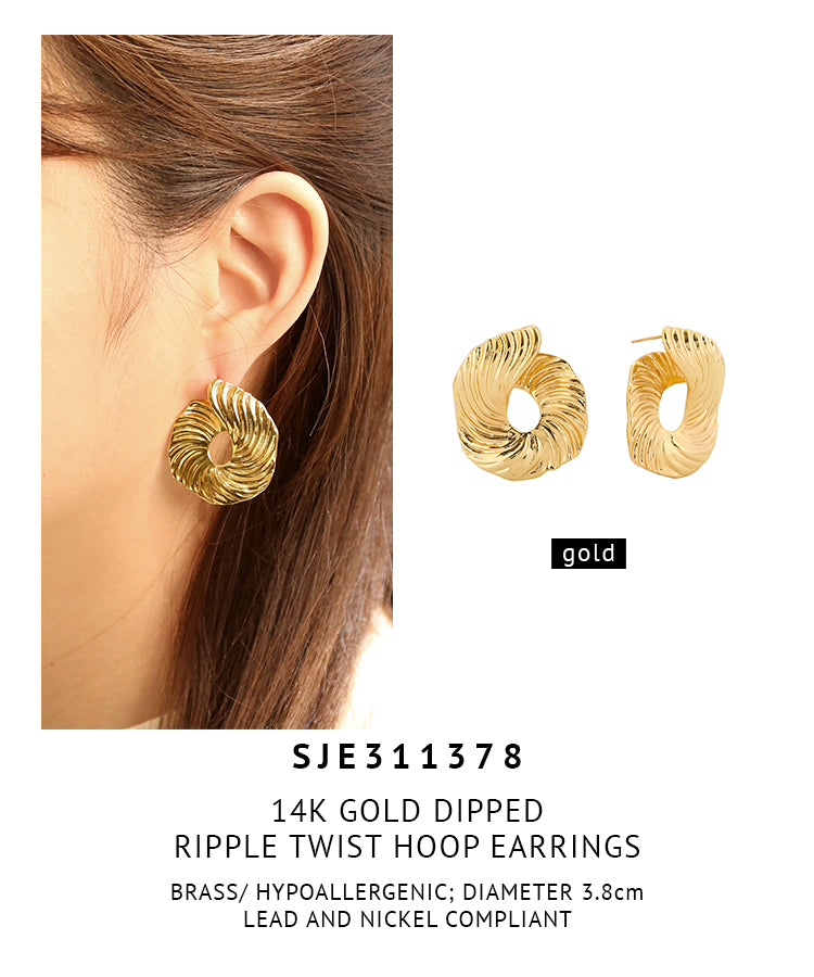 14K Gold Dipped Ripple Twist Hoop Earrings