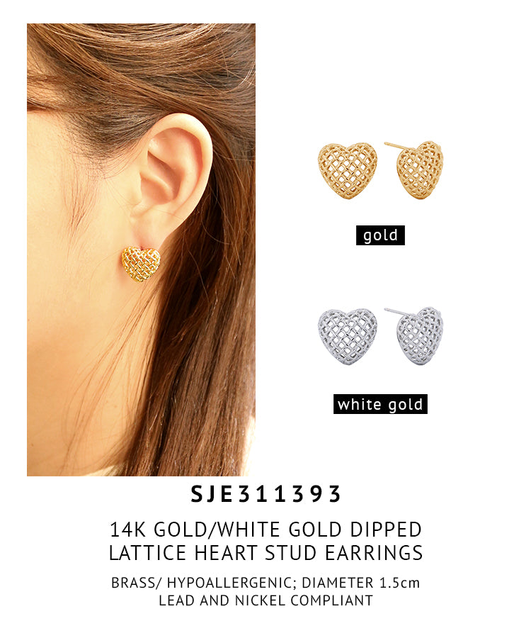 14K Gold Dipped Lattice Heart Stud Earrings