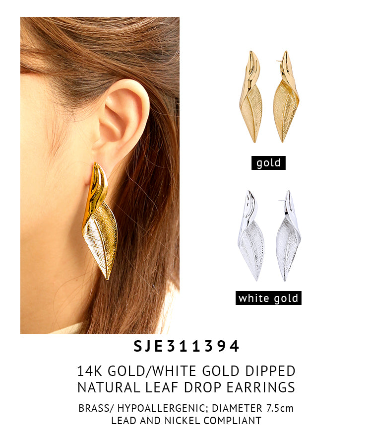 14K Gold Dipped Natural Leaf Drop Earrings