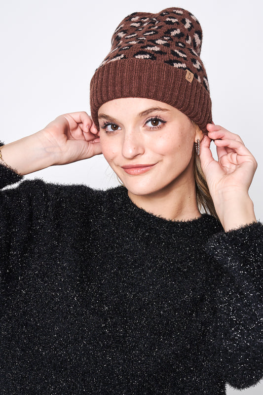 Leopard Ribbed Beanie With Cuff