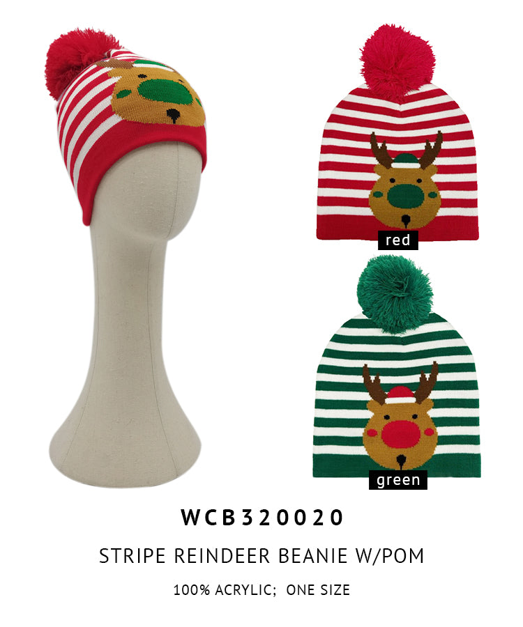 Stripe Reindeer Pom Beanie