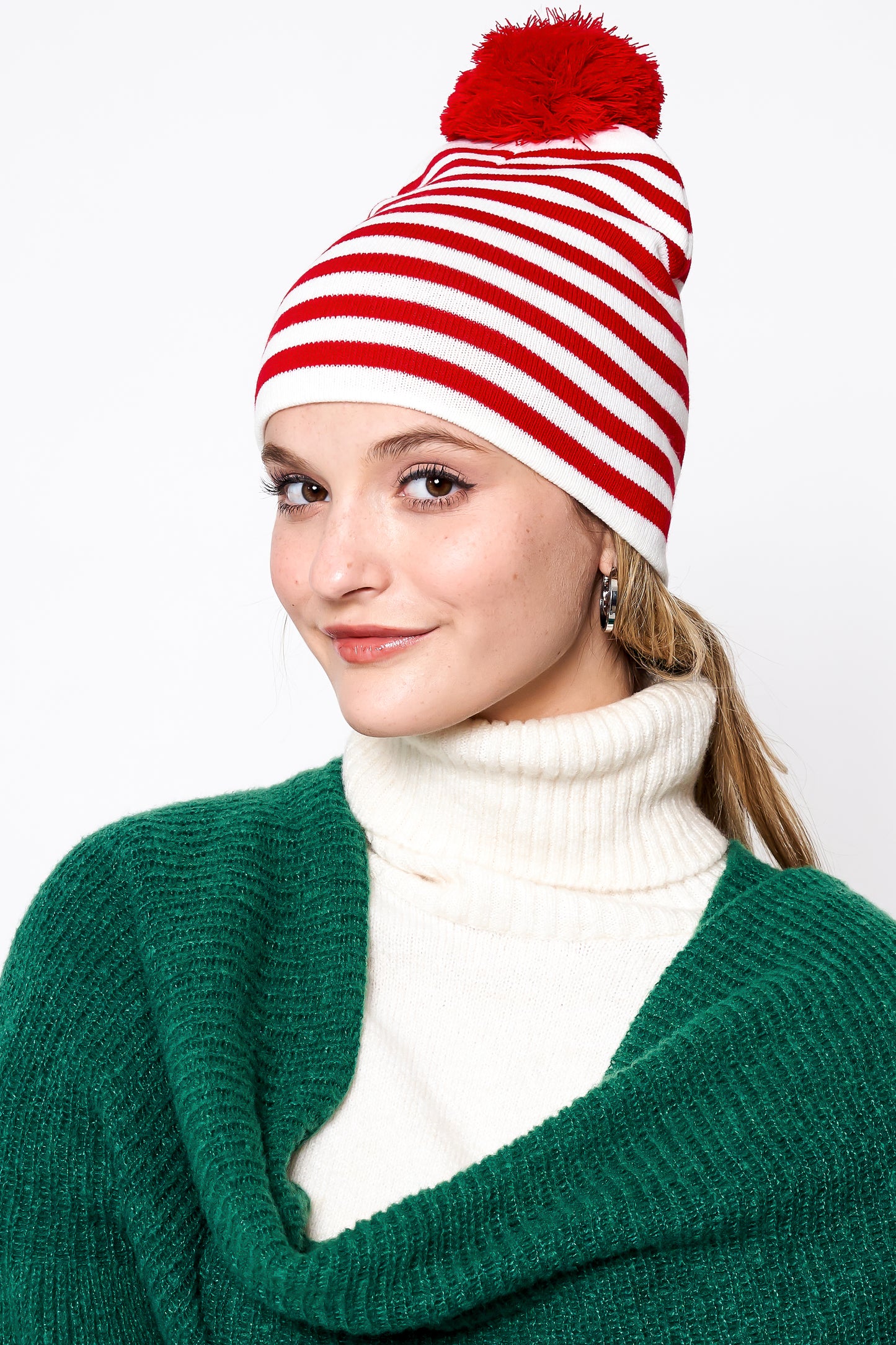 Two Tone Stripe Pom Beanie