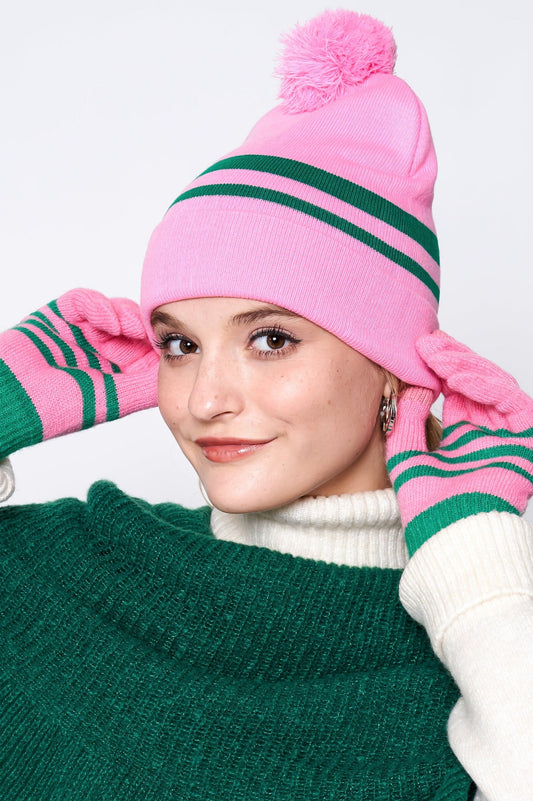 Two Tone Stripe Knit Pom Beanie