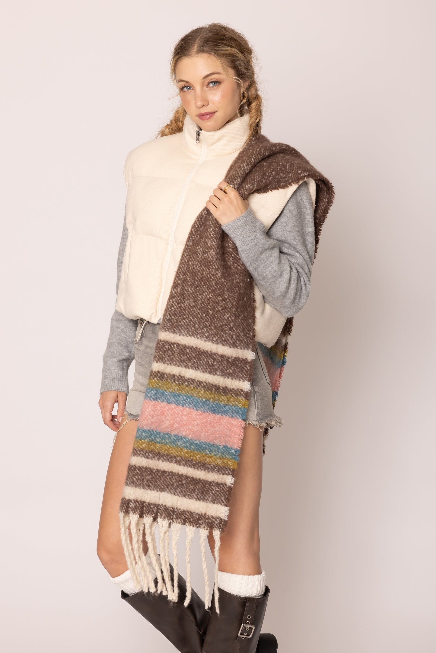 Multi Stripe Cozy Scarf With Fringe