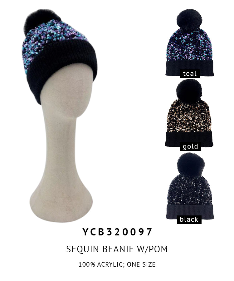 Sequin Beanie With Pom