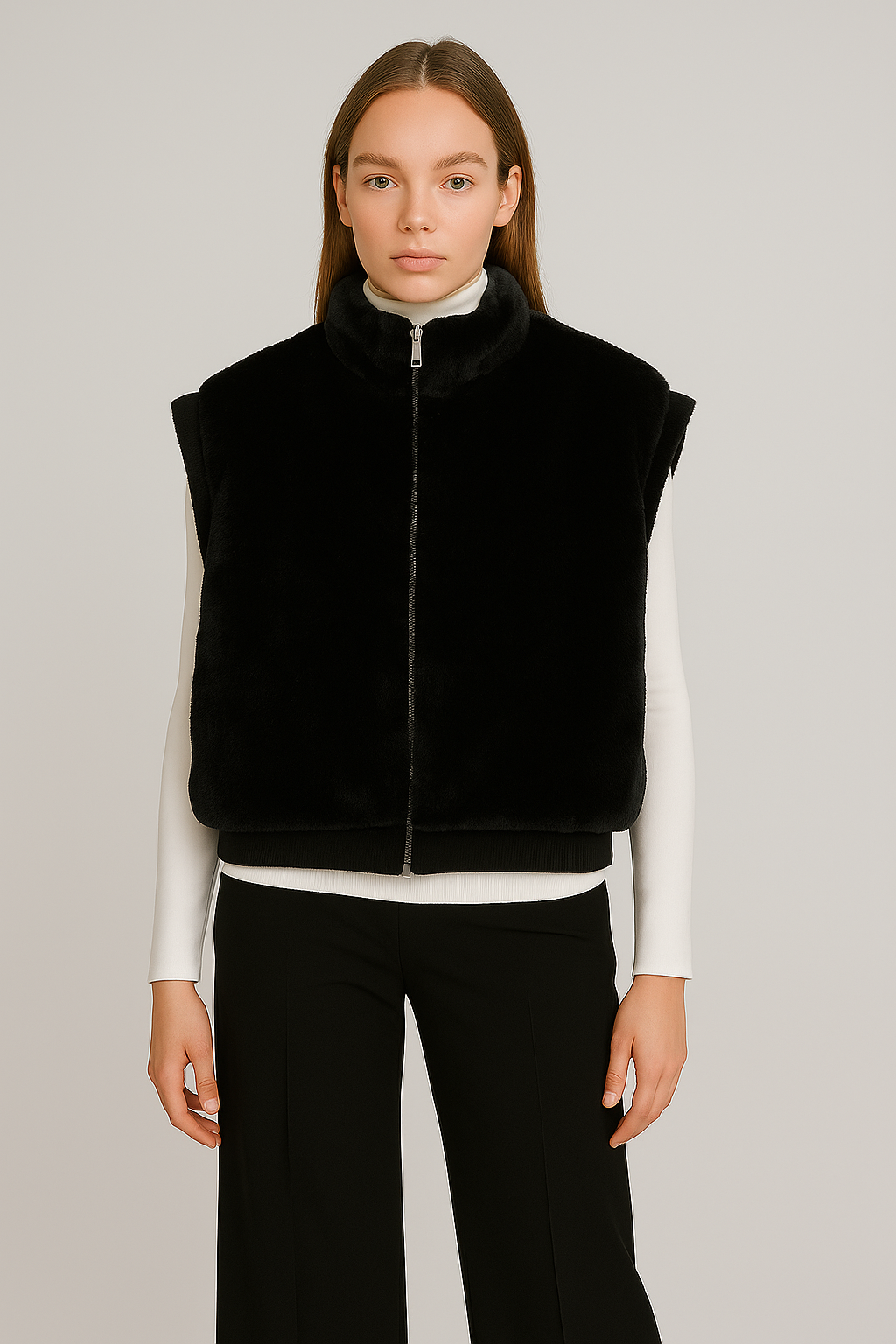 Faux Fur Rib Sleeve Vest