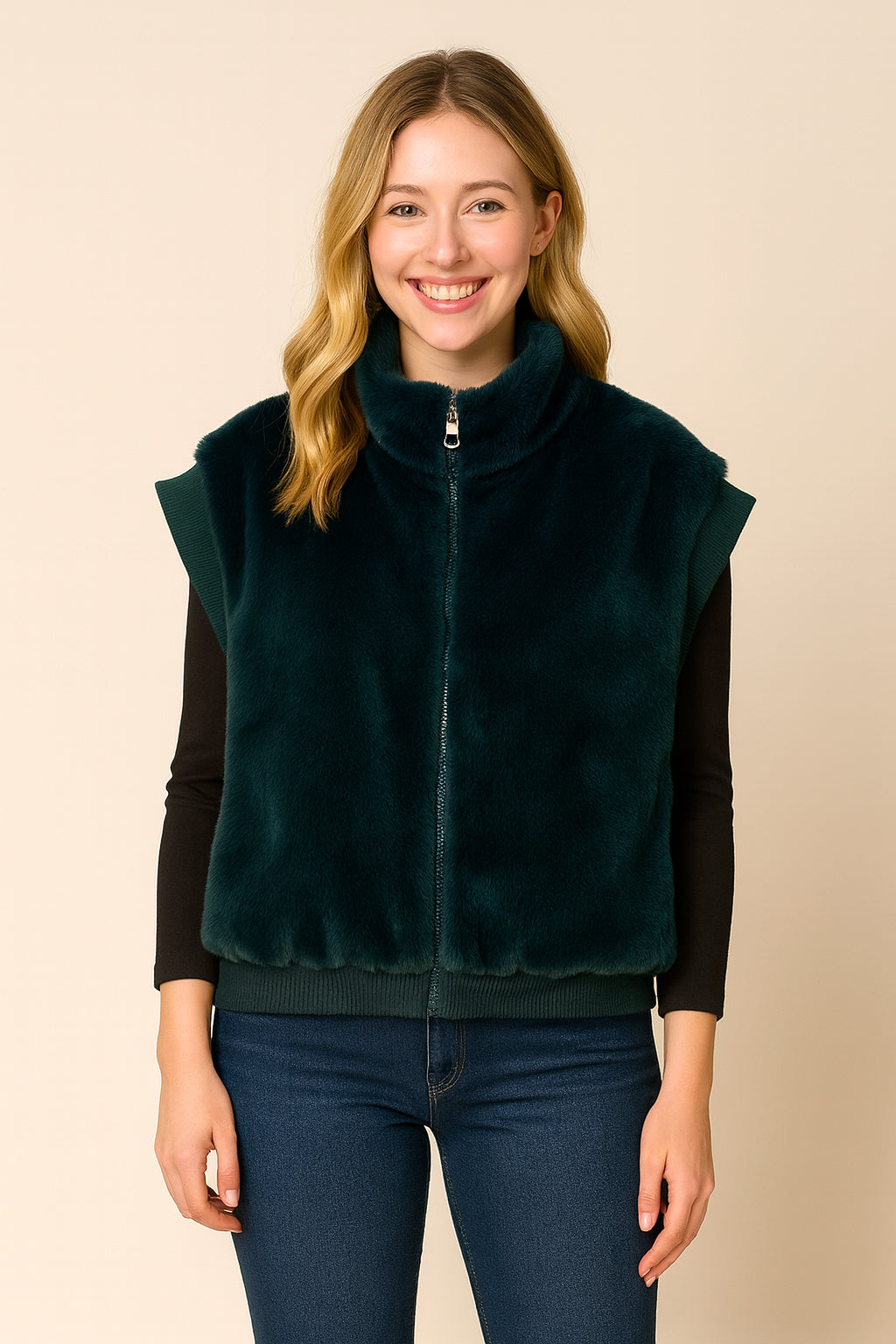 Faux Fur Rib Sleeve Vest