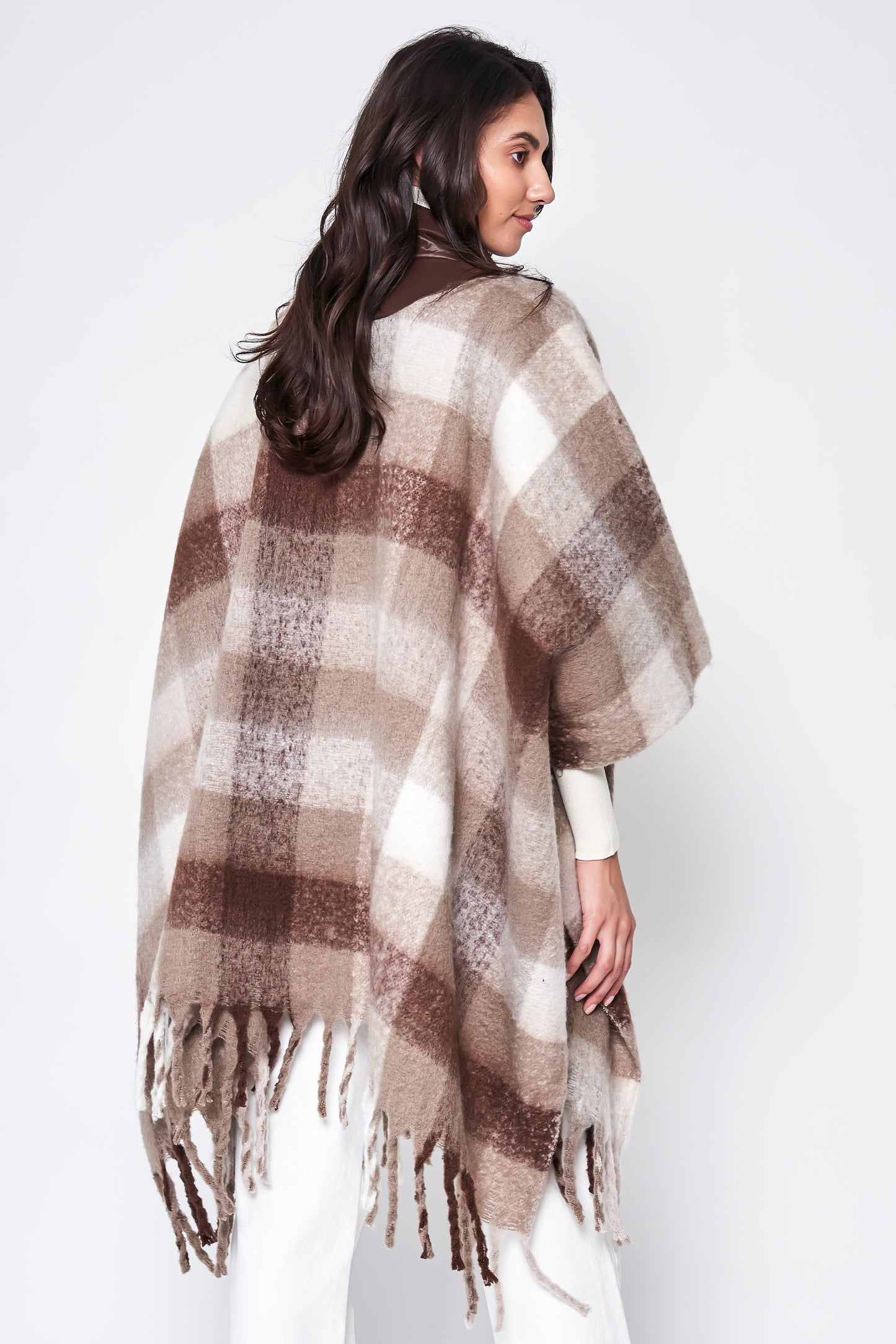 Plaid Half Zip Up Fringe Poncho
