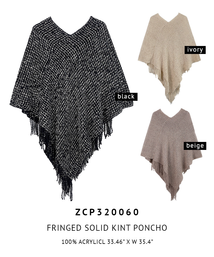 Fringed Solid Knit Poncho