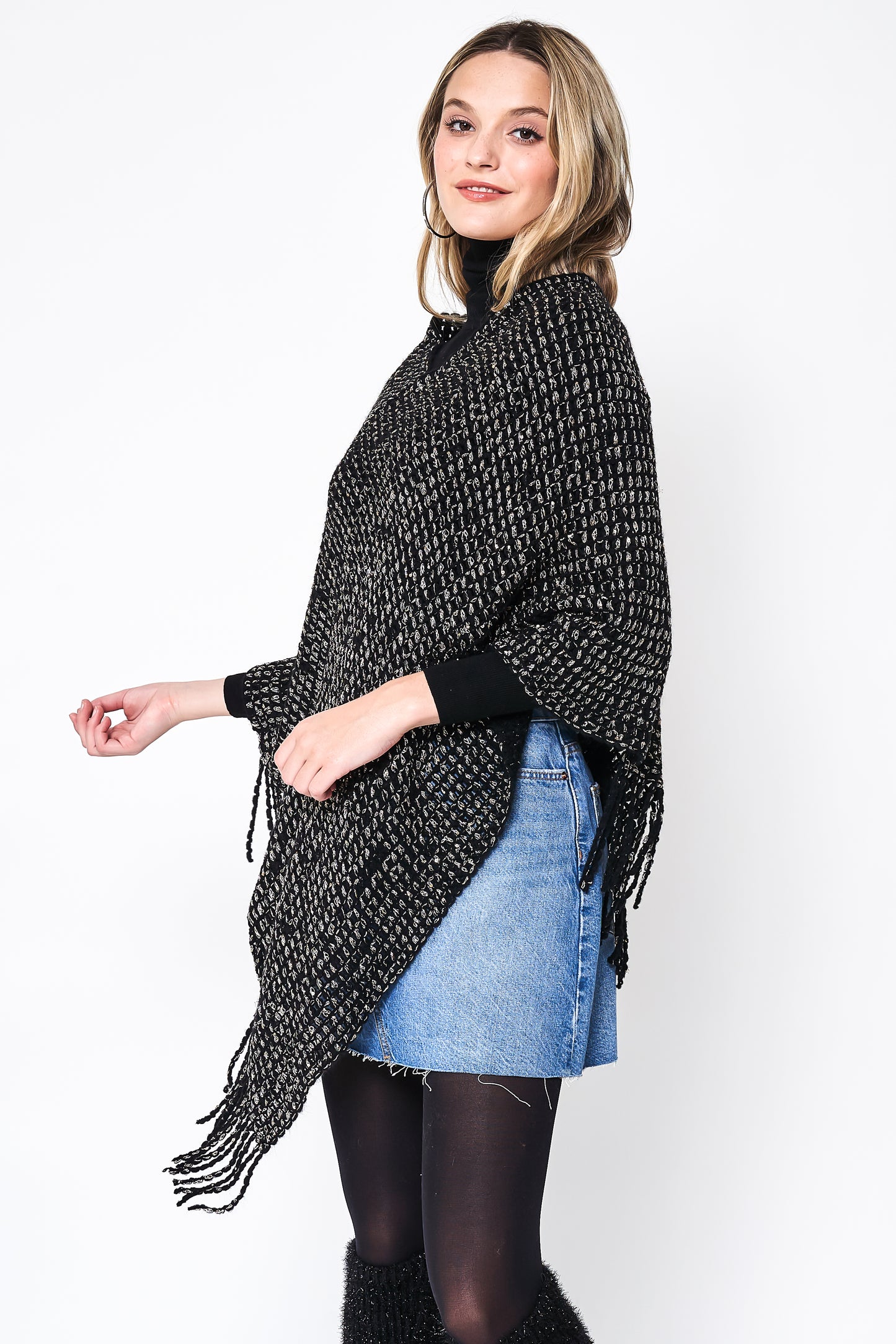 Fringed Solid Knit Poncho