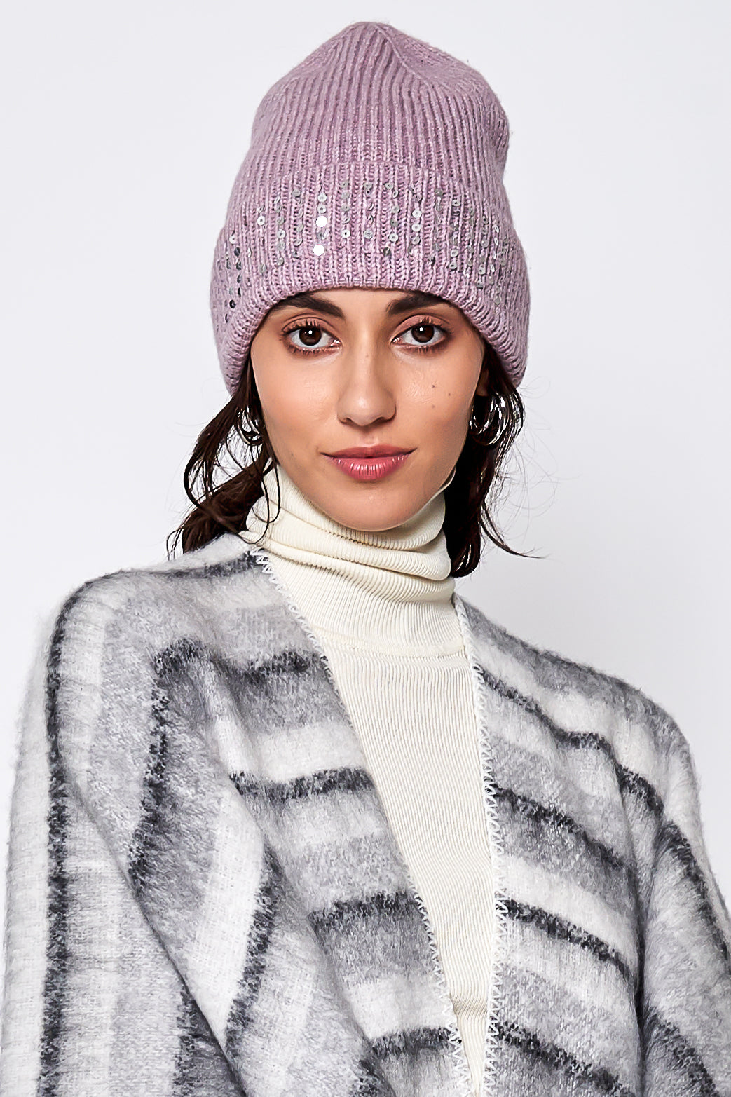 Solid Ribbed Sequin Cuff Beanie