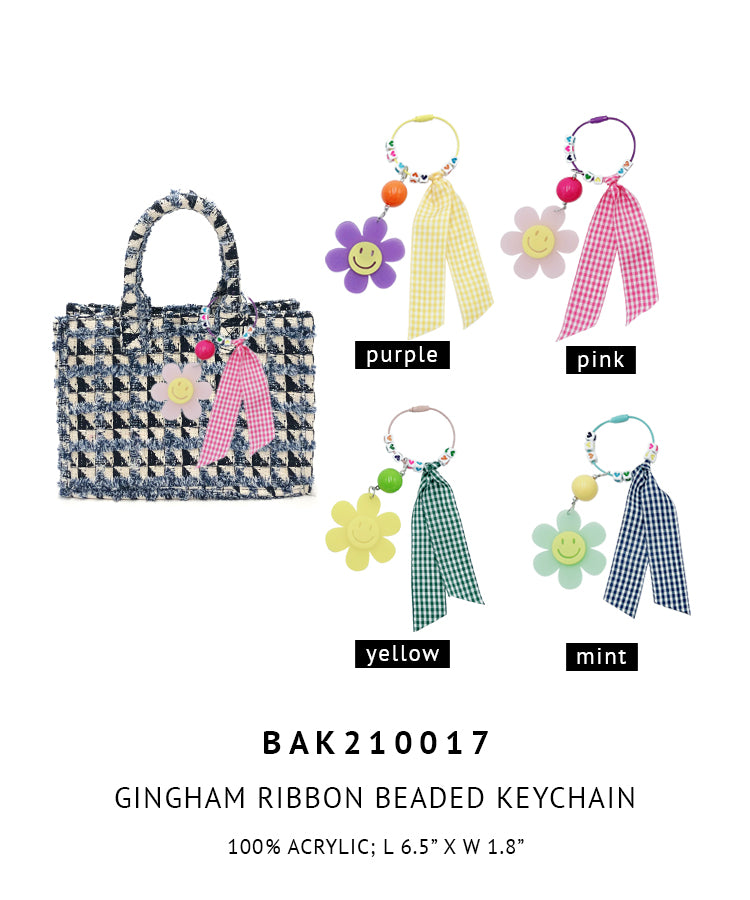 Gingham Ribbon Beaded Keychain