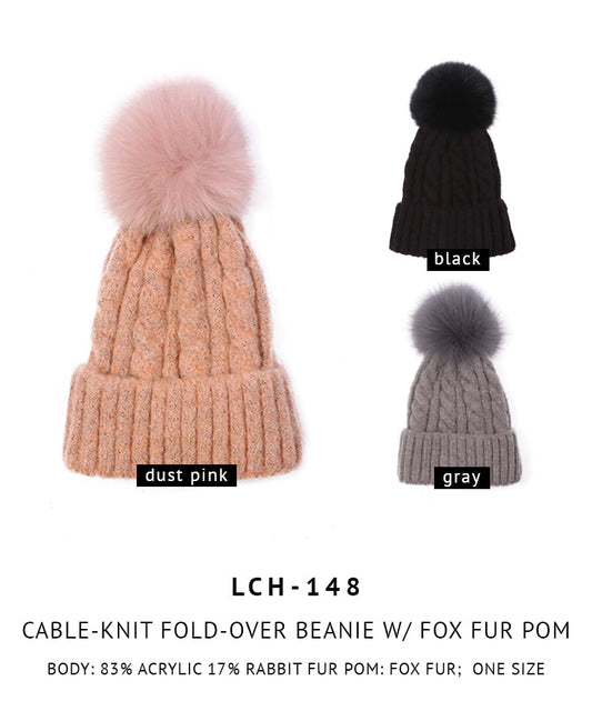 Cable-Knit Fold-Over Beanie With Fox Fur Pom