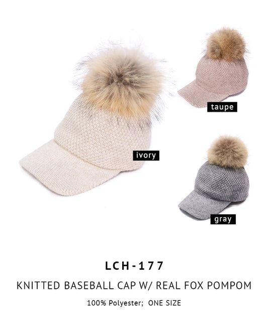 Knitted Baseball Cap With Real Fox Pom Pom