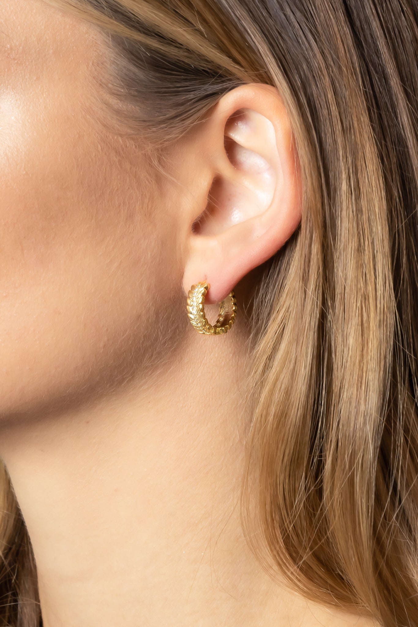 14K Gold Dipped Huggie Hoop Brass CZ Paved