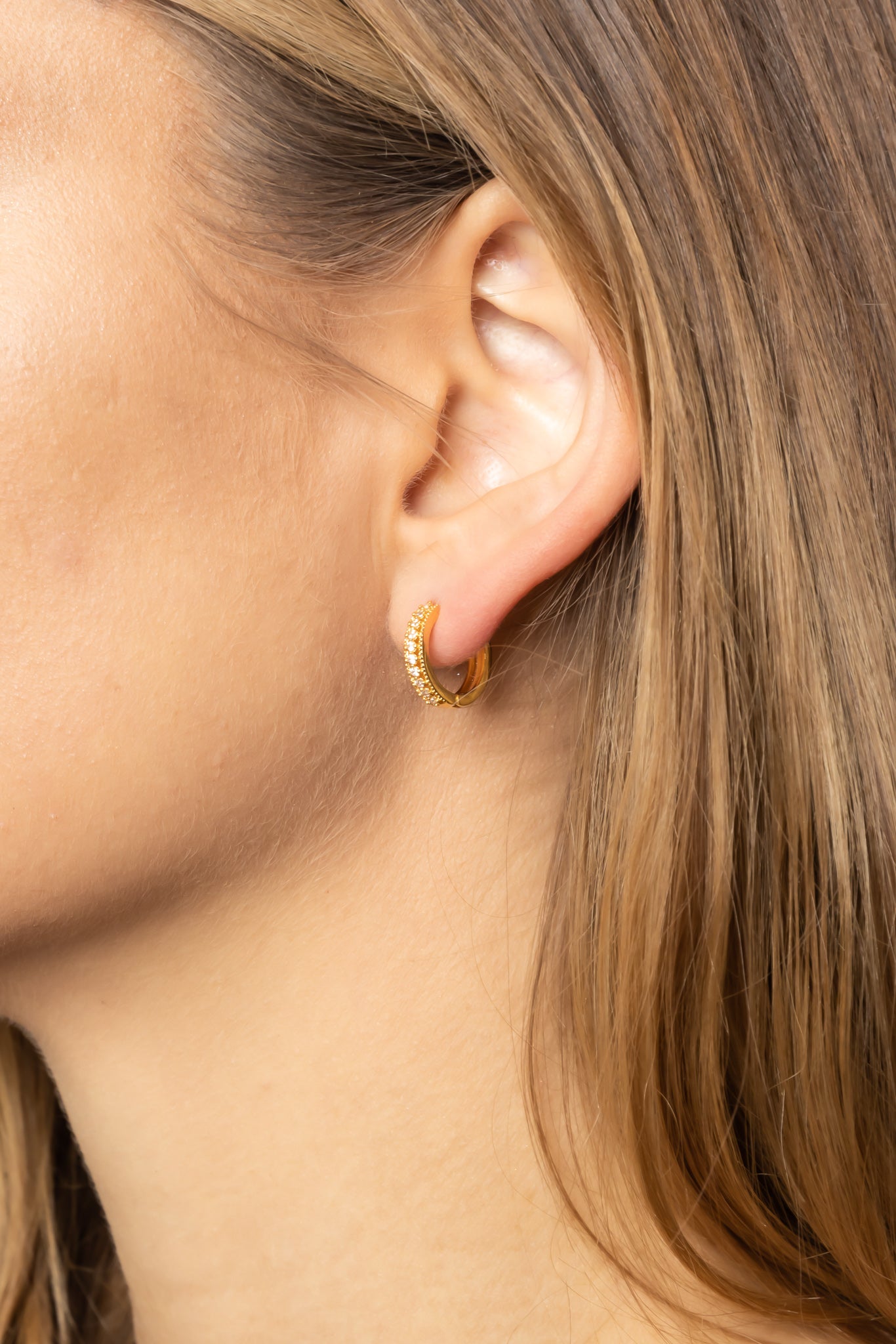 14K Gold Dipped Huggie Hoop CZ Paved