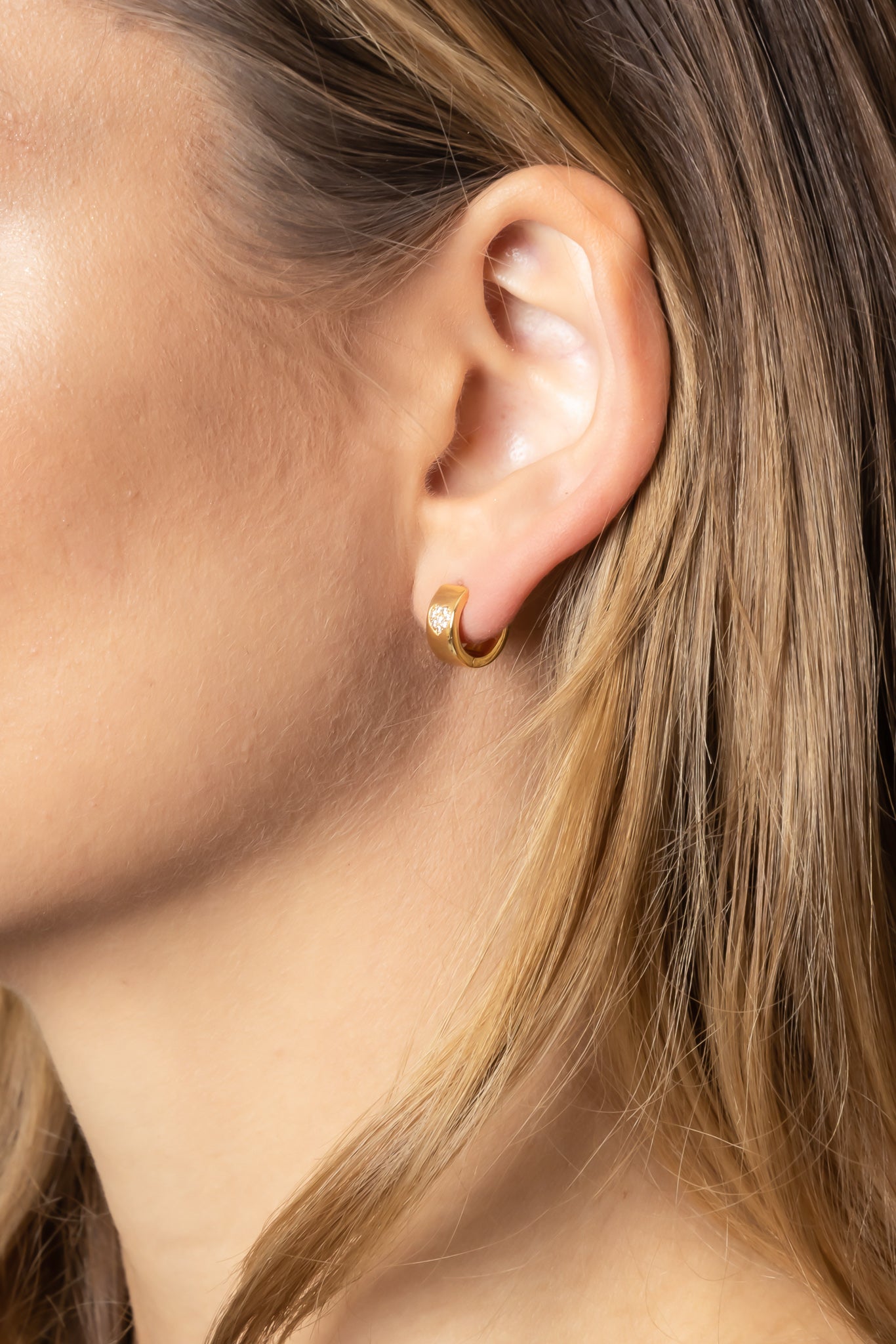 14K Gold Dipped Huggie Hoop CZ Paved