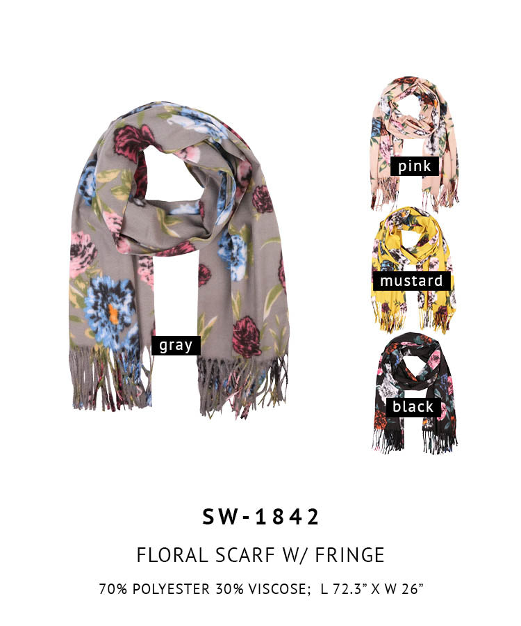 Floral Scarf With Fringe