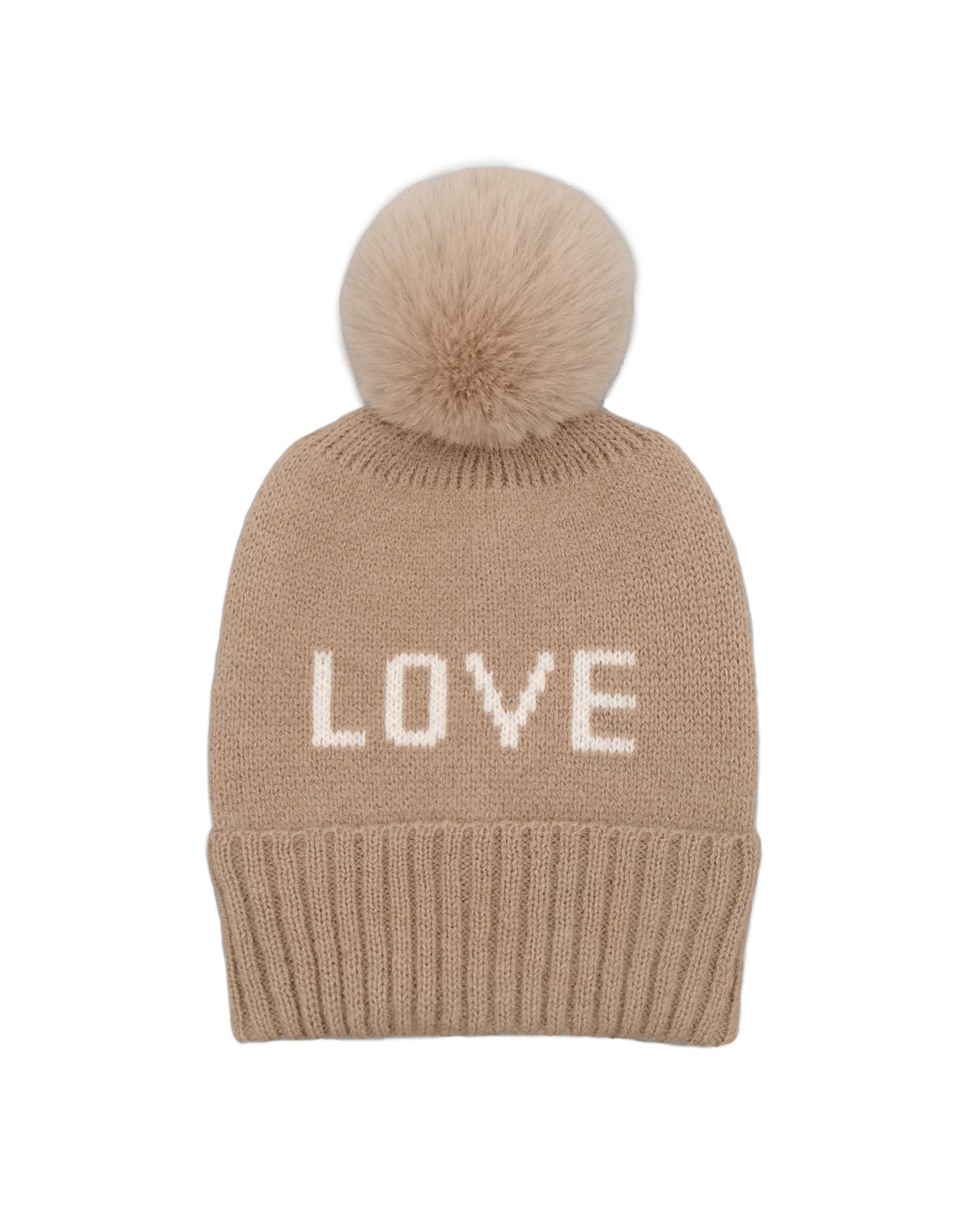 Love Verbiage Faux Fur Pom Beanie
