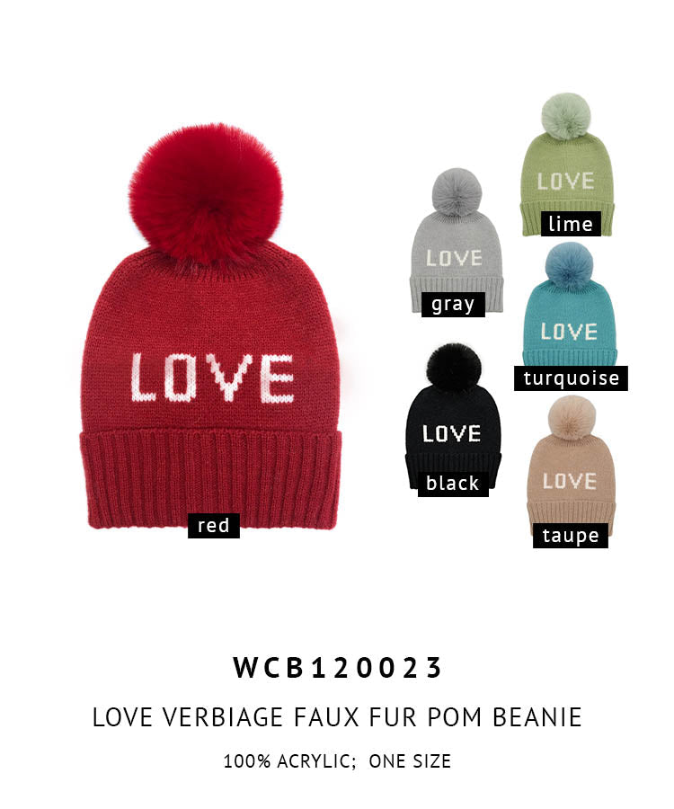 Love Verbiage Faux Fur Pom Beanie