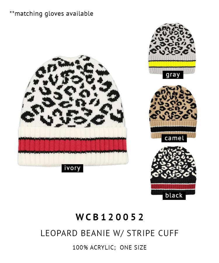Leopard Beanie With Stripe Cuff
