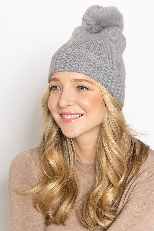 Solid Knit Beanie With Faux Fur Pom