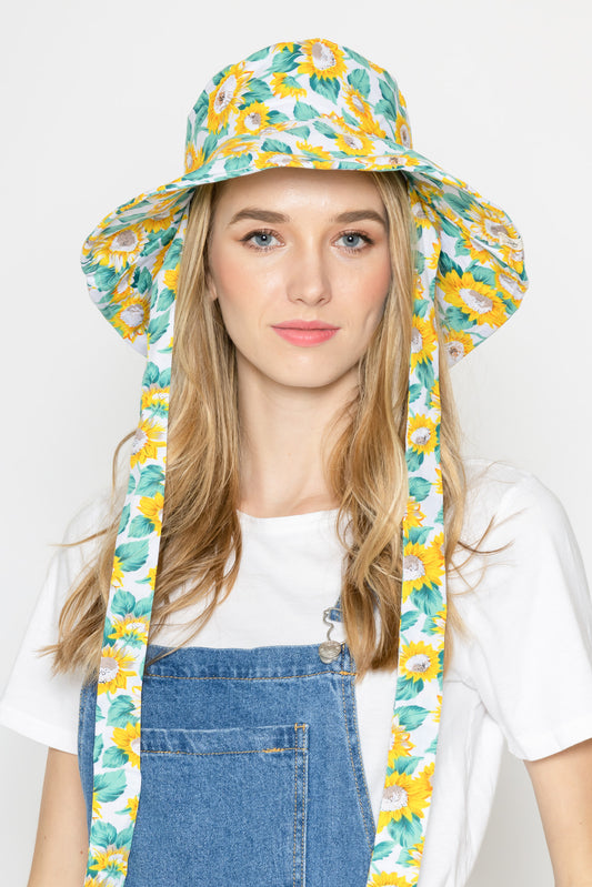 Sunflower Print Chin Tie Bucket Hat