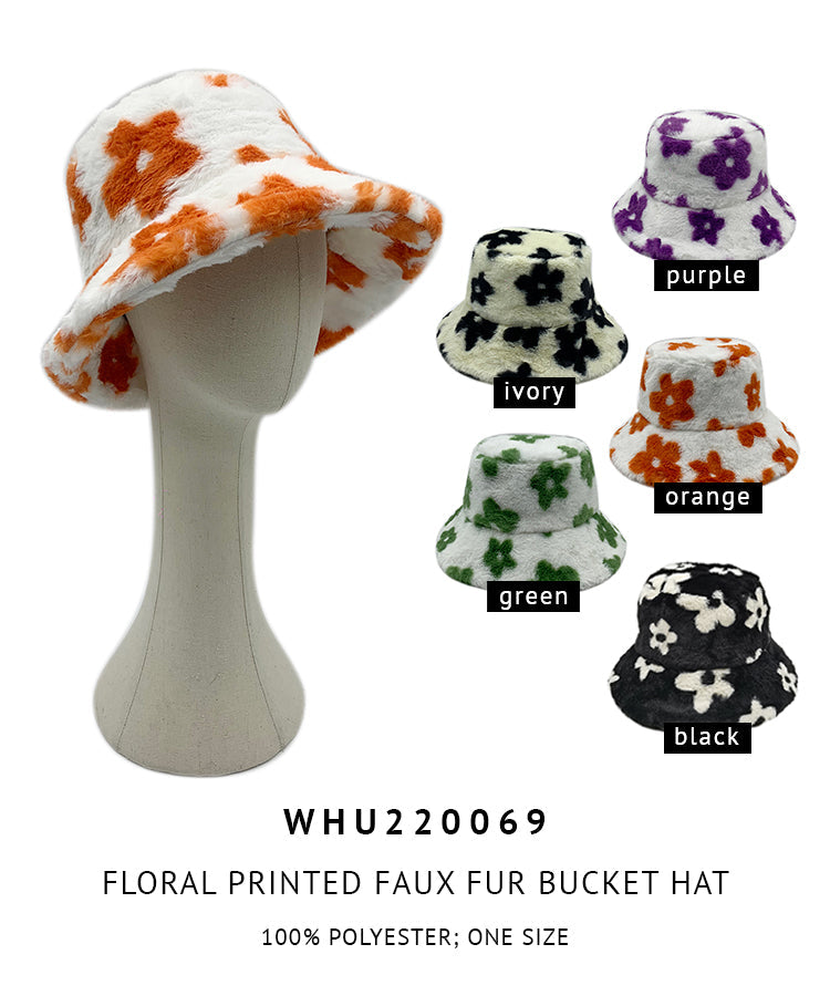 Floral Printed Faux Fur Bucket Hat
