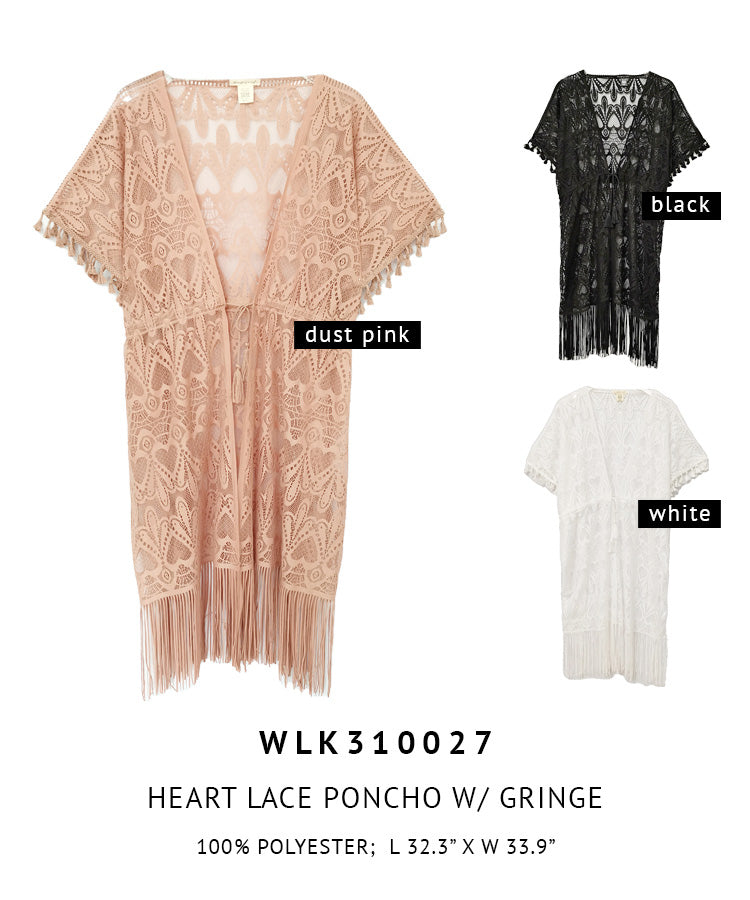 Heart Pattern Lace Kimono With Fringe
