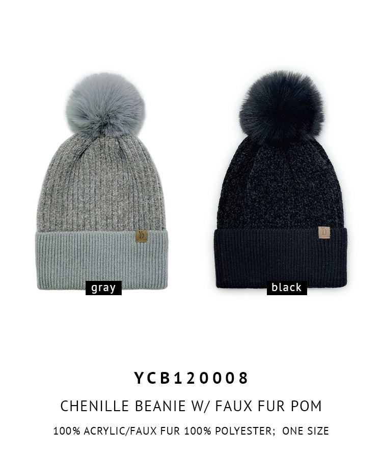 Chenille Beanie With Faux Fur Pom