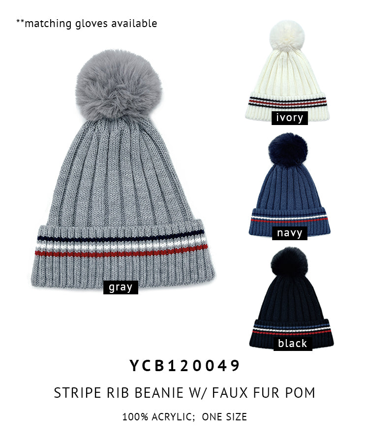 Stripe Rib Beanie With Faux Fur Pom