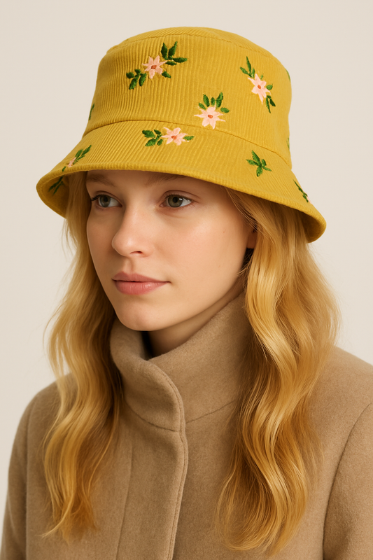 Embroidered Floral Corduroy Bucket