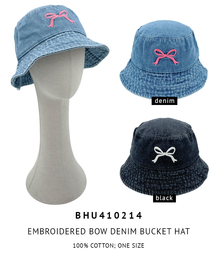 Embroidered Bow Denim Bucket Hat