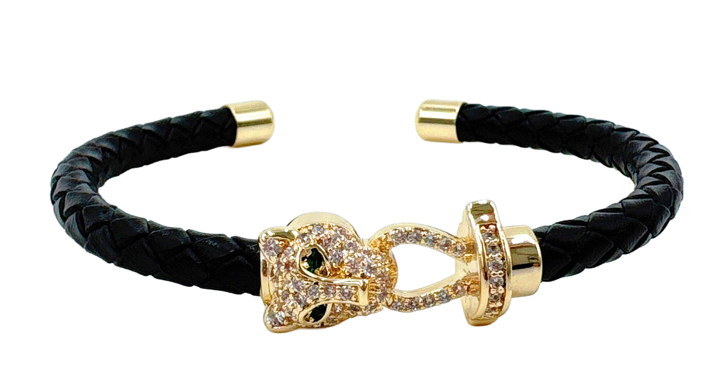 14K Gold Dipped Panther Clasp Leather Cuff