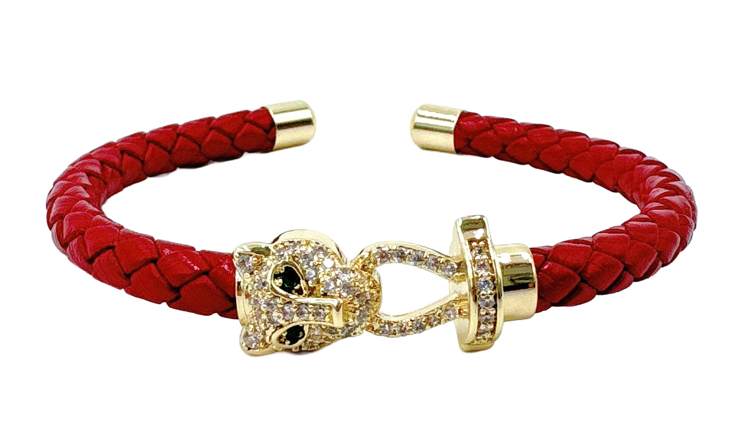 14K Gold Dipped Panther Clasp Leather Cuff